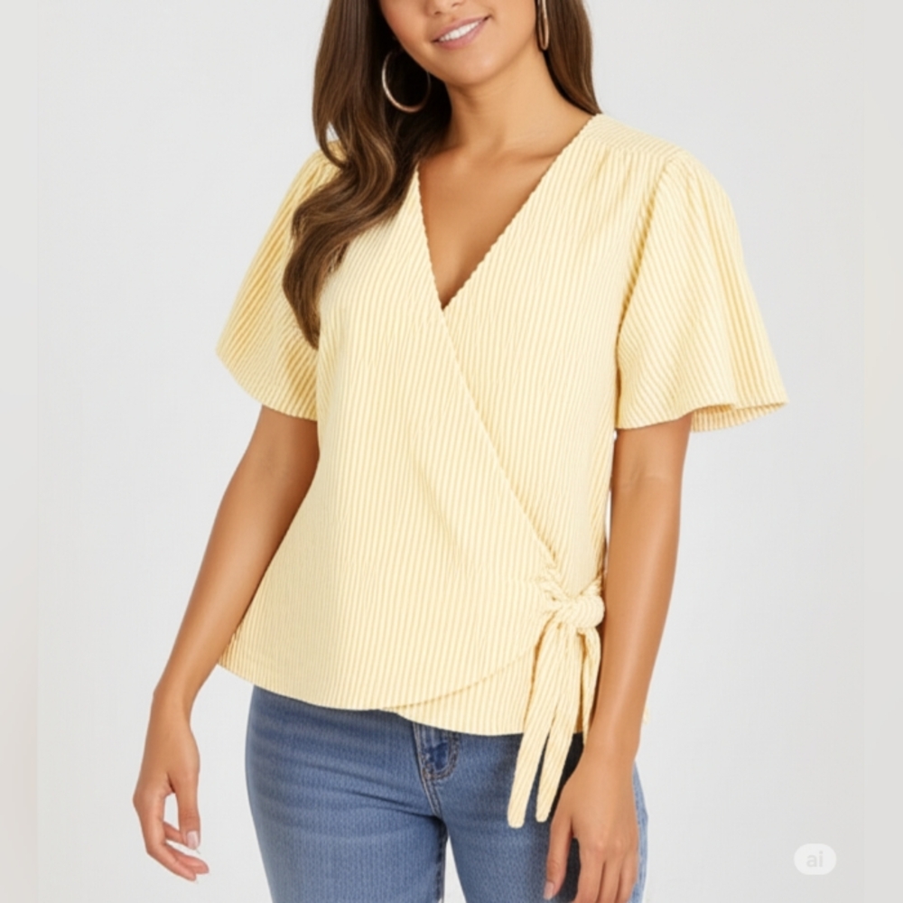 Michael Kors Womens Yellow Pinstripe Cross-Tie Top, M